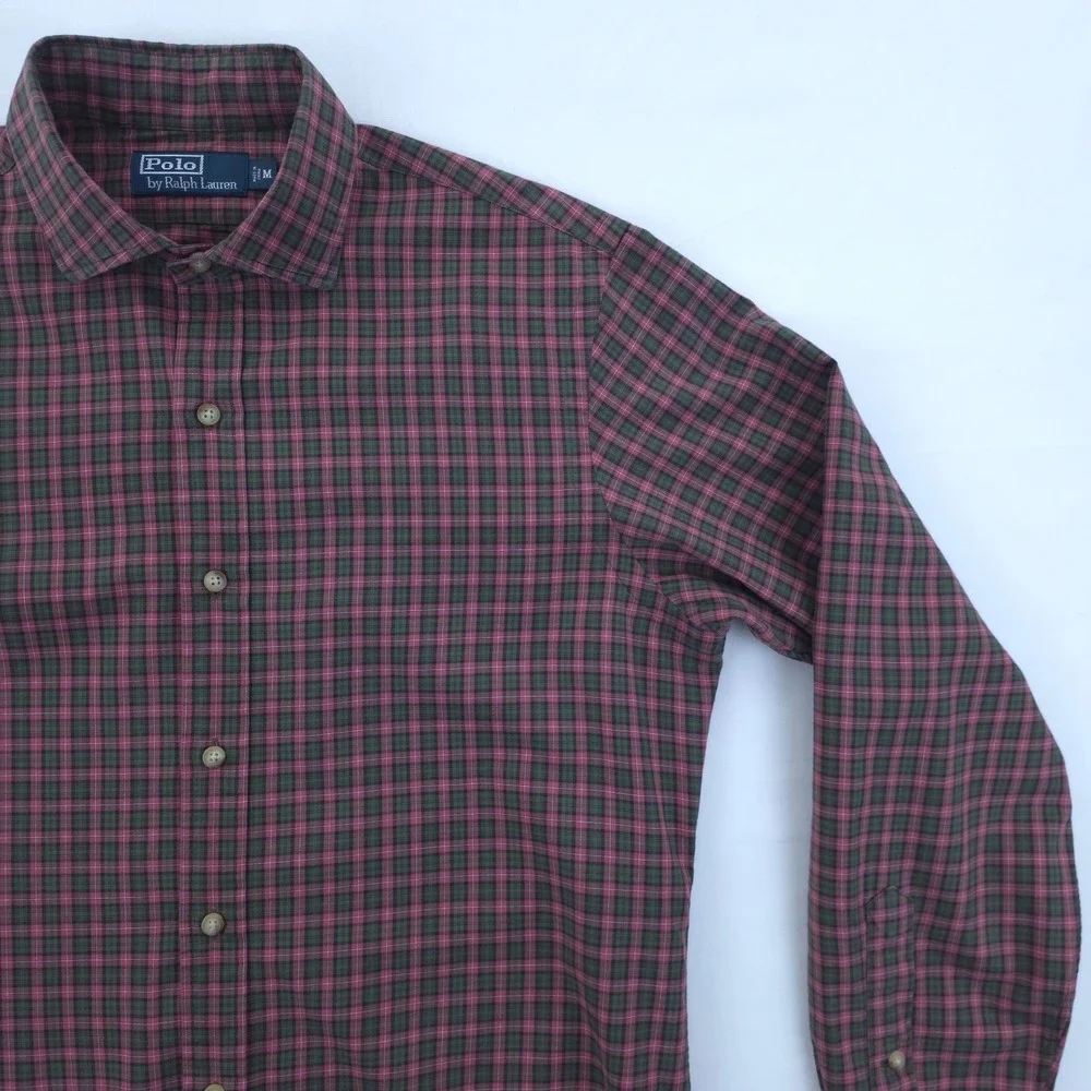 Polo Ralph Lauren Mens Button Down Shirt M Burgundy Green Plaid Long‎ Sleeve